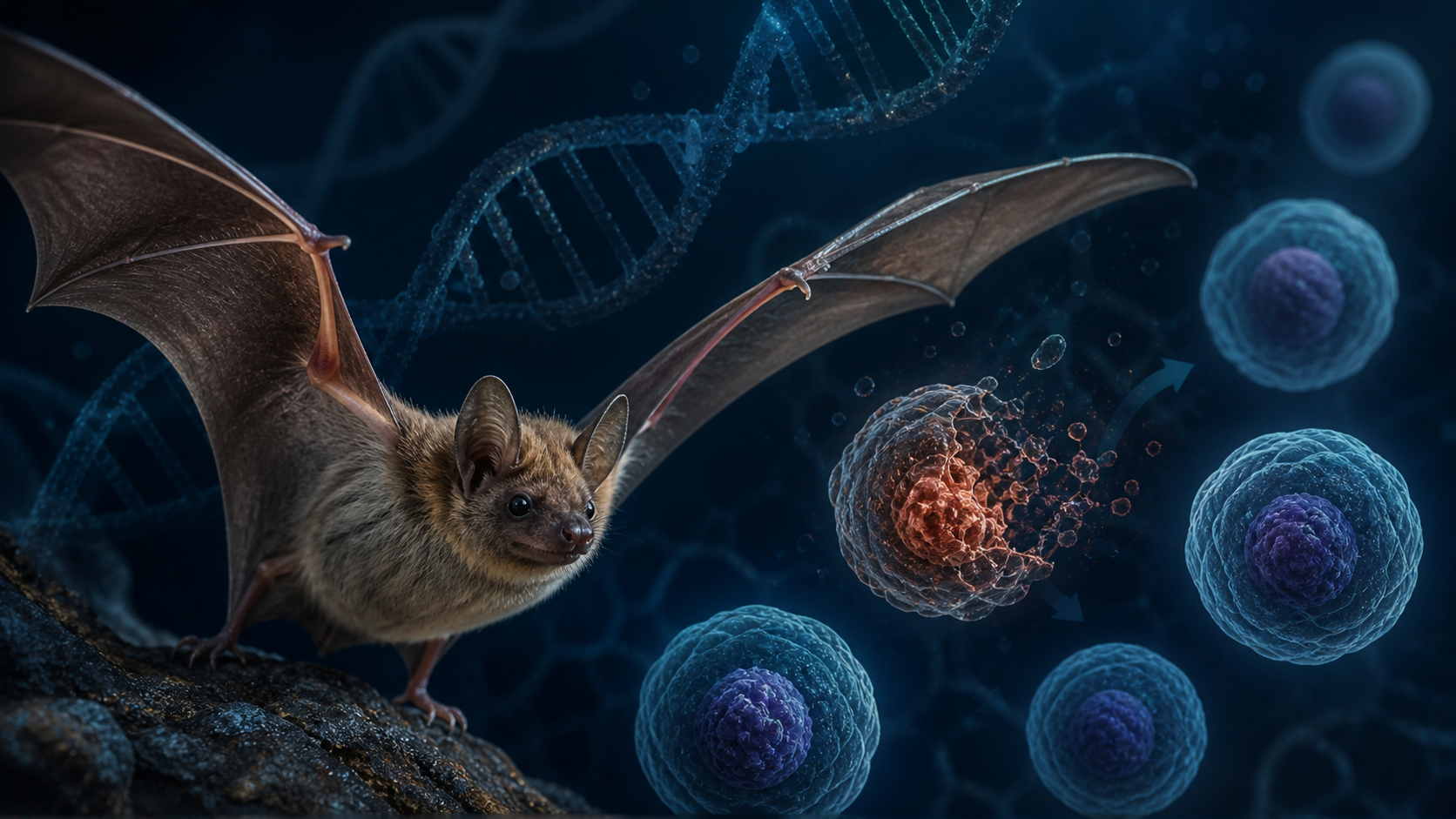 Biomedical illustration of a Myotis bat beside healthy cells and a severely damaged cell undergoing programmed cell death