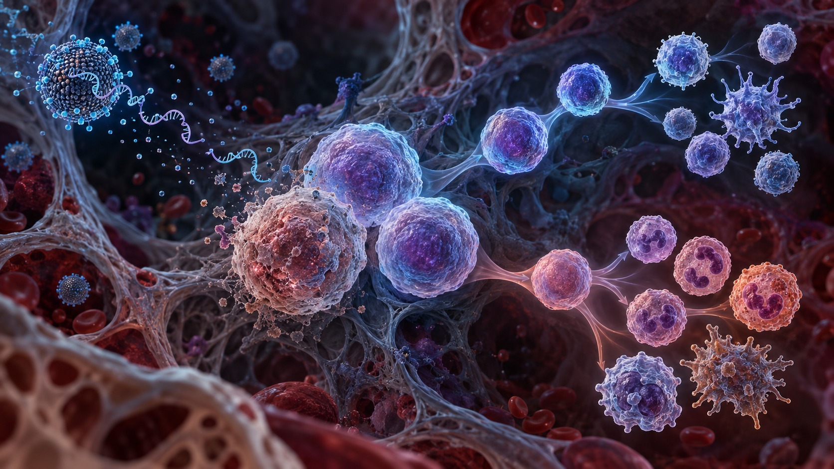 Scientific illustration of aging hematopoietic stem cells producing immune-cell lineages near an experimental nanoparticle