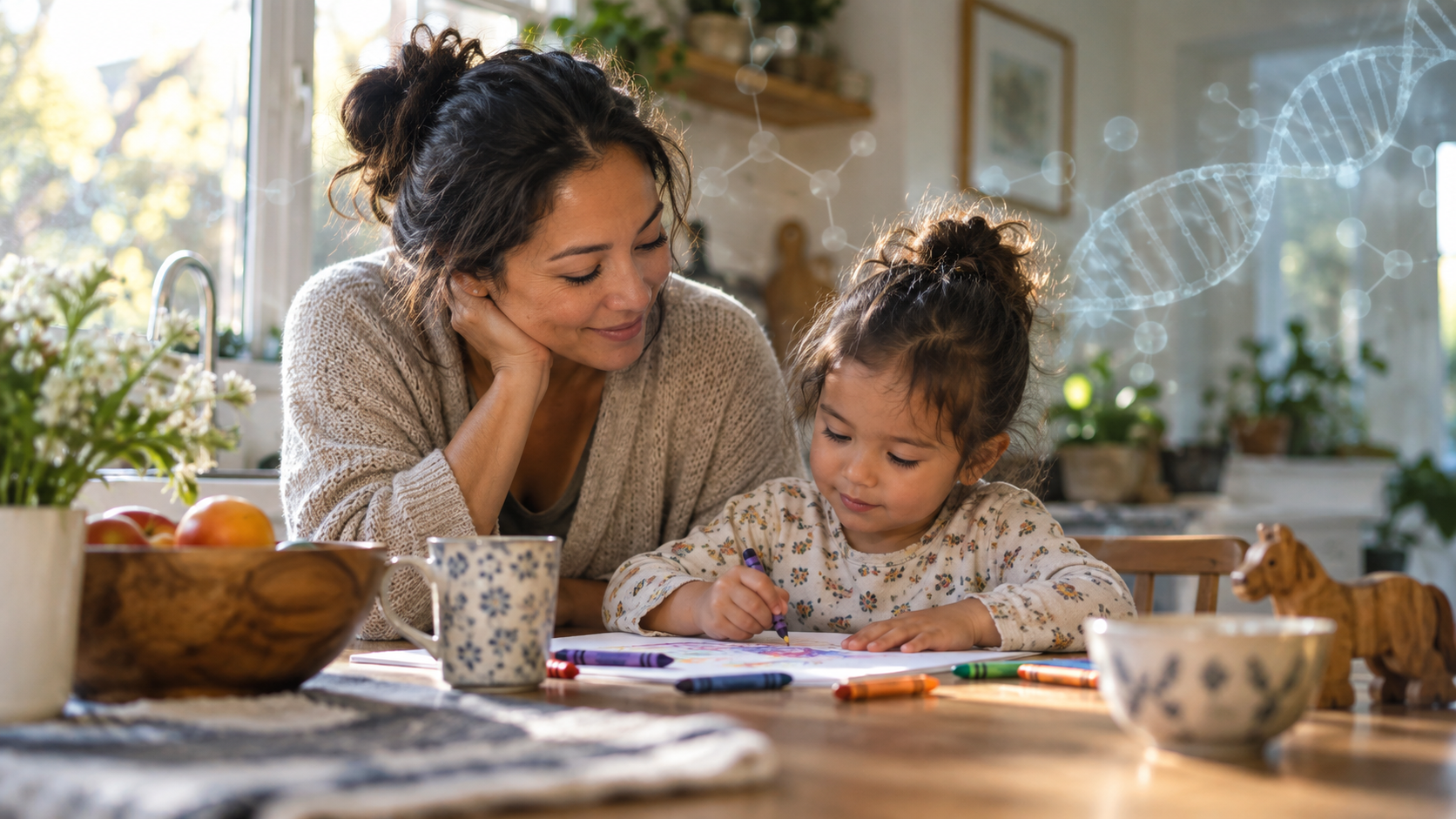 Mother and young child drawing together at a kitchen table with subtle DNA imagery in the background.