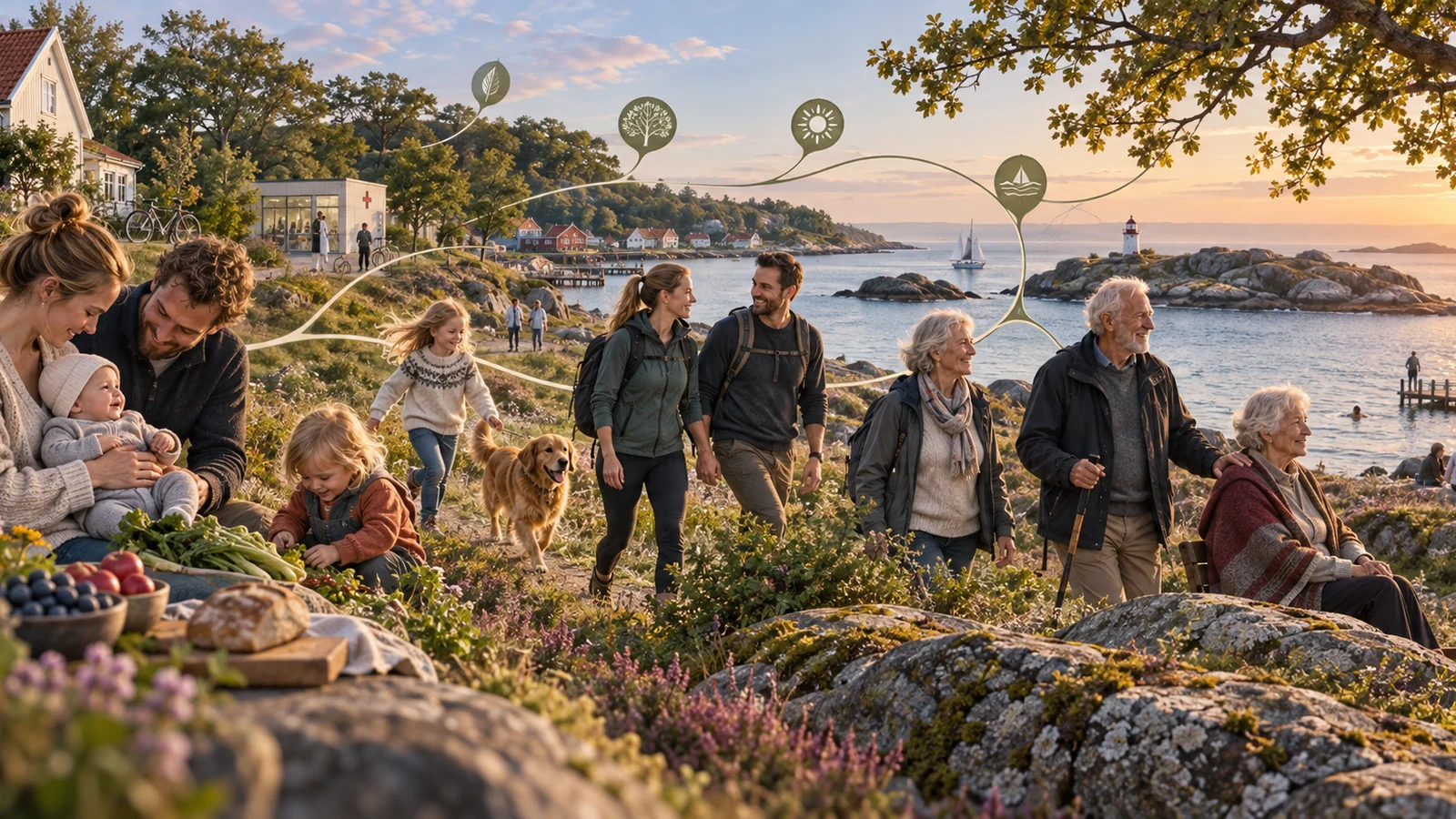 Editorial illustration of four generations of a family in a Scandinavian landscape with branching environmental and health influences