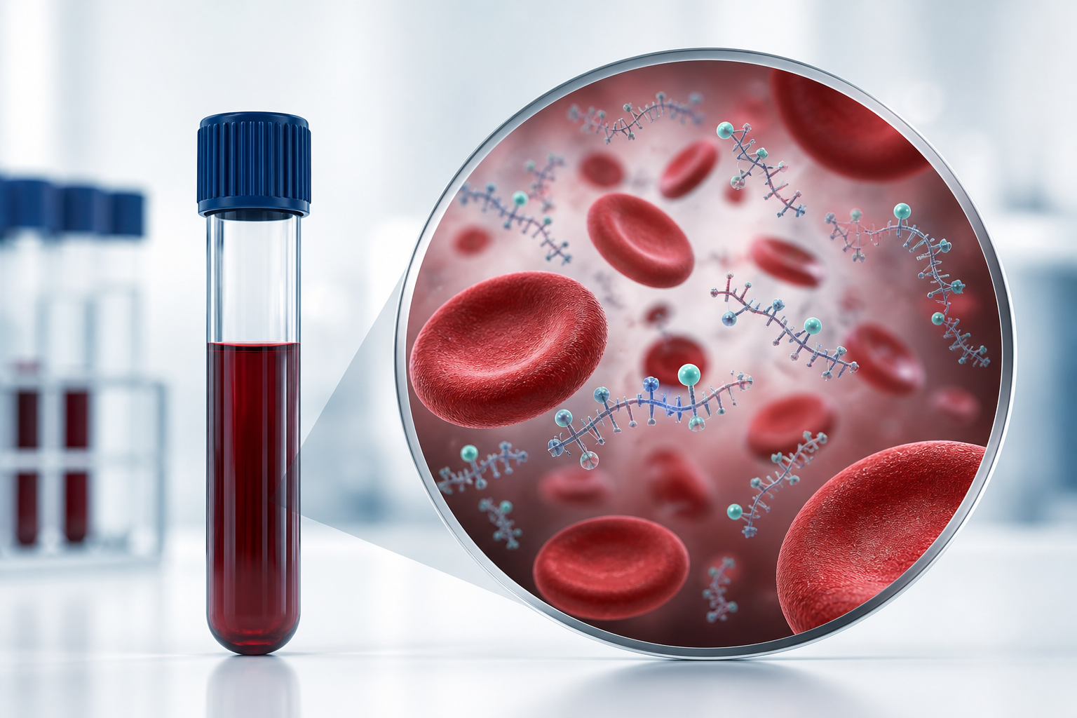 Conceptual blood sample illustration with circulating DNA fragments and red blood cells.
