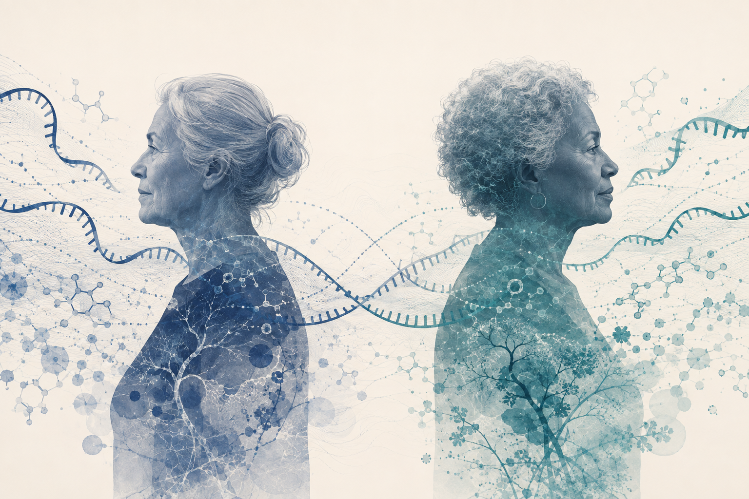 Conceptual illustration of two women of similar age with diverging molecular pathways.