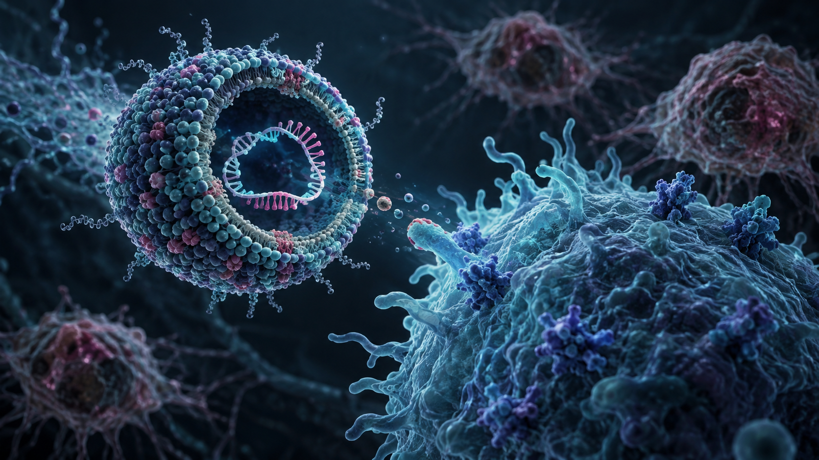 Conceptual illustration of a lipid nanoparticle containing circular RNA approaching a T cell, with senescent cells in the background.