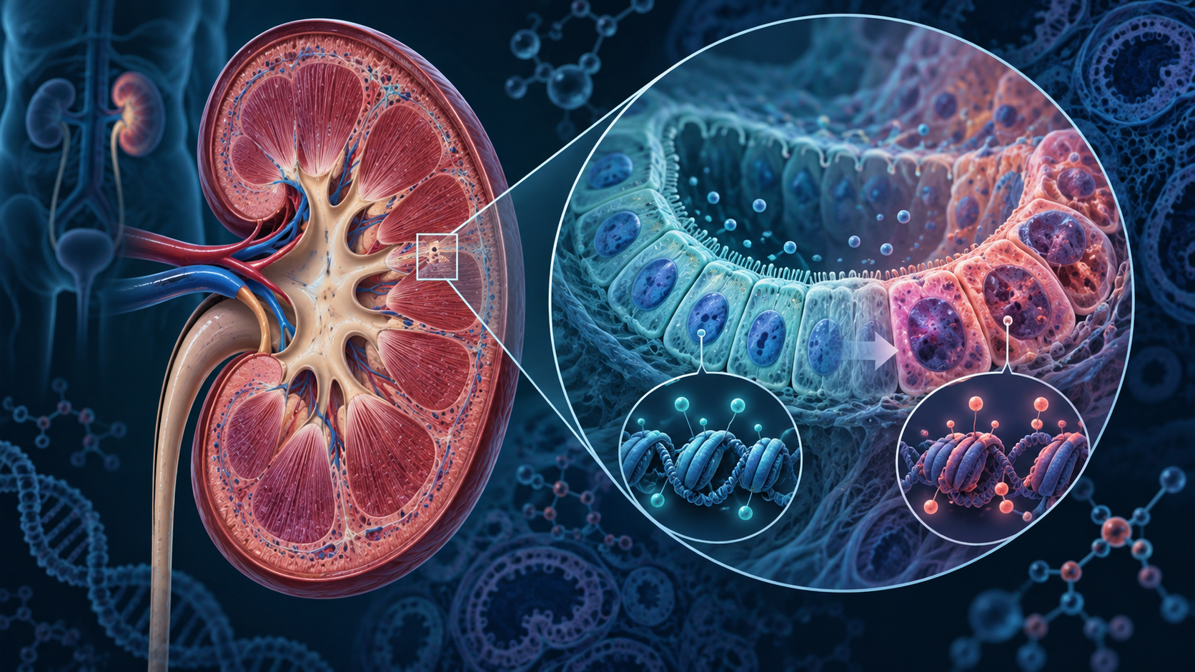 Conceptual kidney illustration with a magnified renal tubule showing healthy and aging-like epithelial cell states and epigenetic changes.