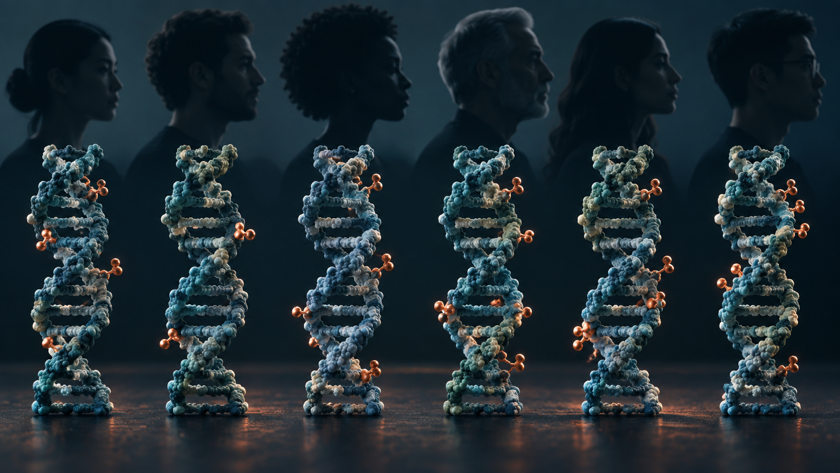Conceptual illustration of six DNA segments with differing copper-colored methylation markers, set before profiles of diverse adults.