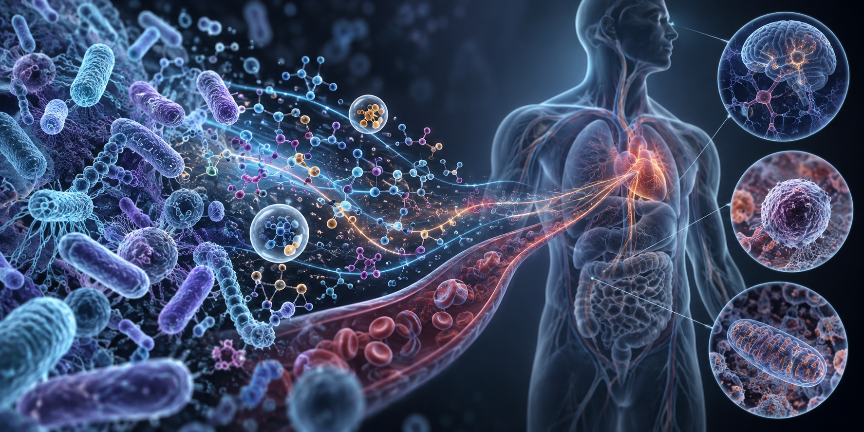 Scientific illustration connecting oral bacteria with metabolic signals and systemic aging biology