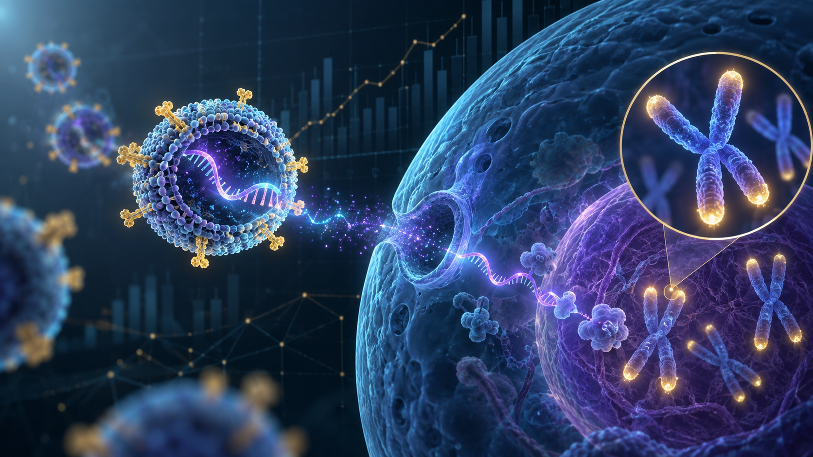 Conceptual targeted lipid nanoparticle delivering mRNA to a cell, with telomeres highlighted at chromosome ends and subtle investment graph motifs.