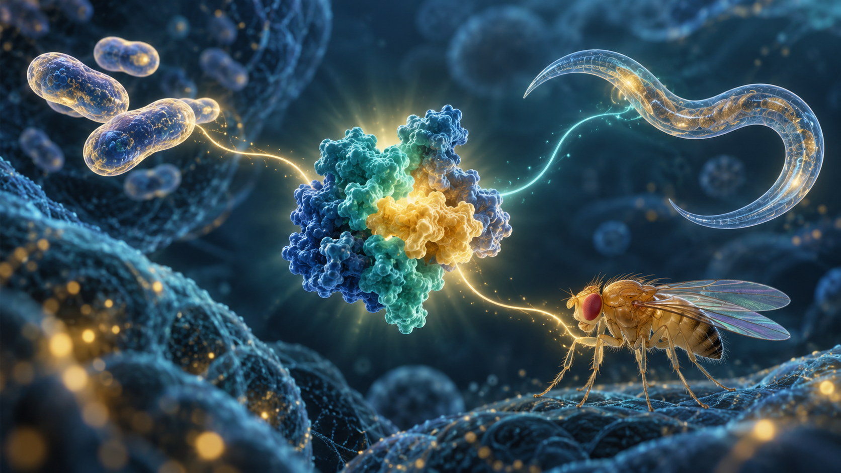 Conceptual AMPK protein activation linked to yeast cells, a nematode worm and a fruit fly