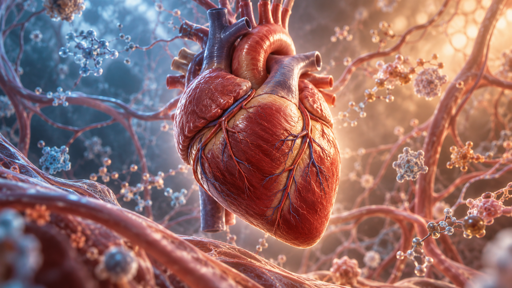 Realistic heart surrounded by molecular and vascular forms in a biological environment with a subtle shift in light