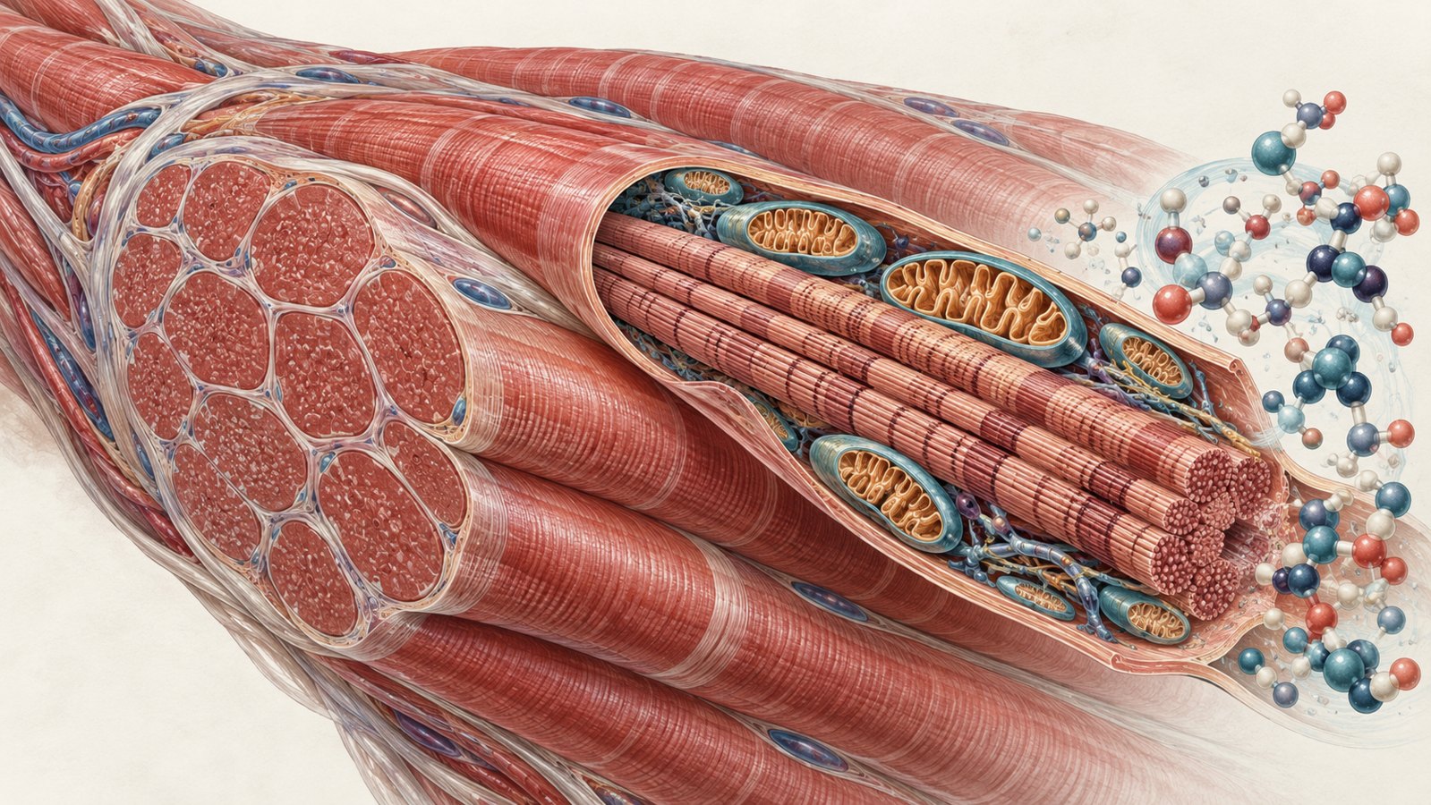 Conceptual scientific illustration of skeletal muscle fibres with mitochondria and molecular forms.