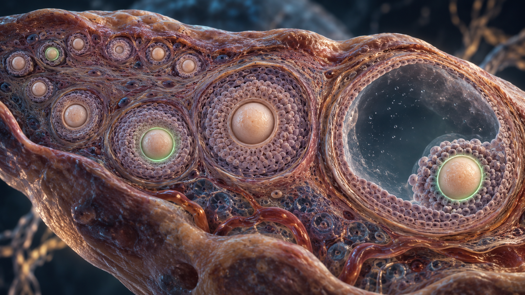 AI-generated editorial illustration of ovarian follicles at several stages, with subtle green oocyte labeling. Not experimental microscopy.