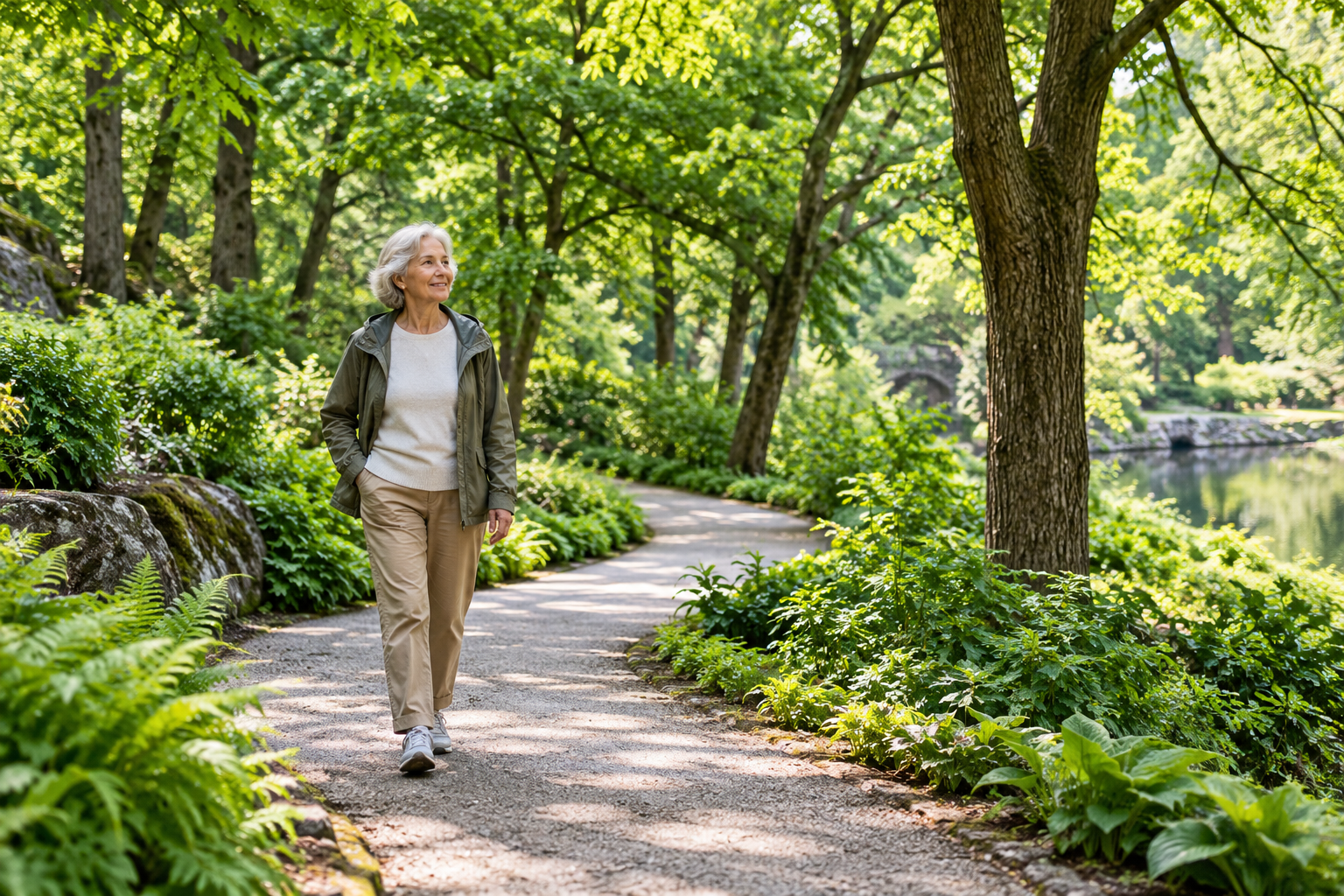 Older woman walking on a path beneath leafy trees beside a pond.