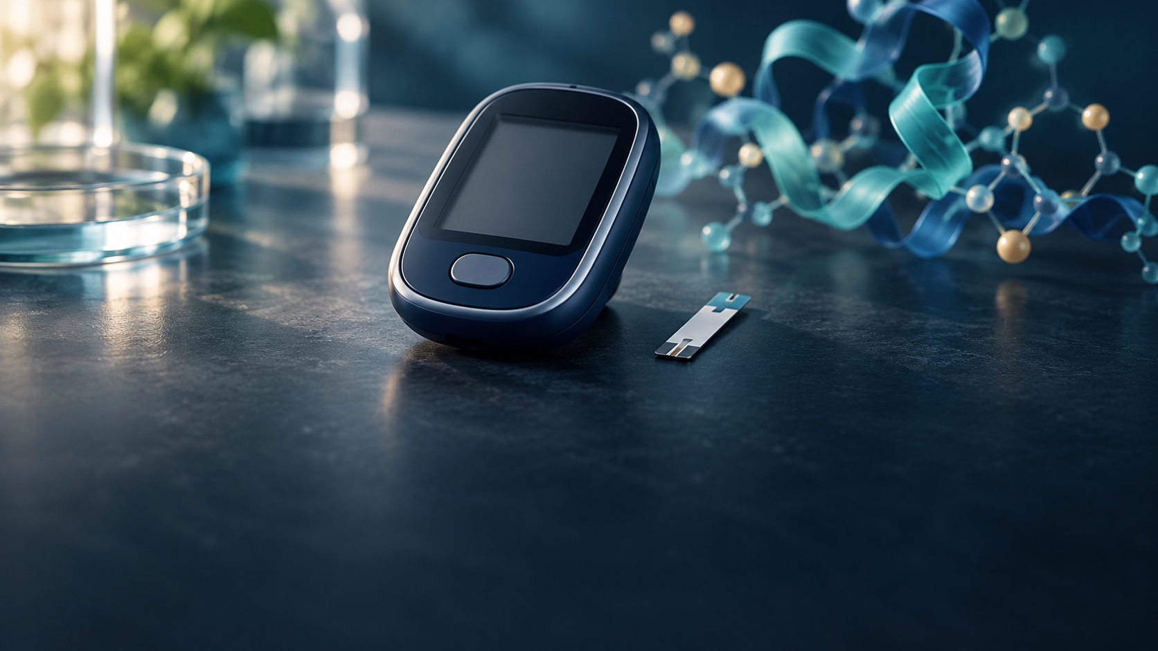 AI-generated conceptual illustration of an unbranded glucose meter and test strip with an abstract molecular ribbon.