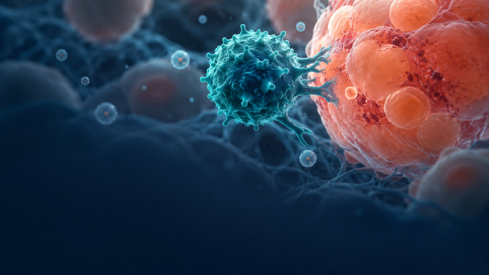 Conceptual illustration of a T cell approaching a senescent fat cell.