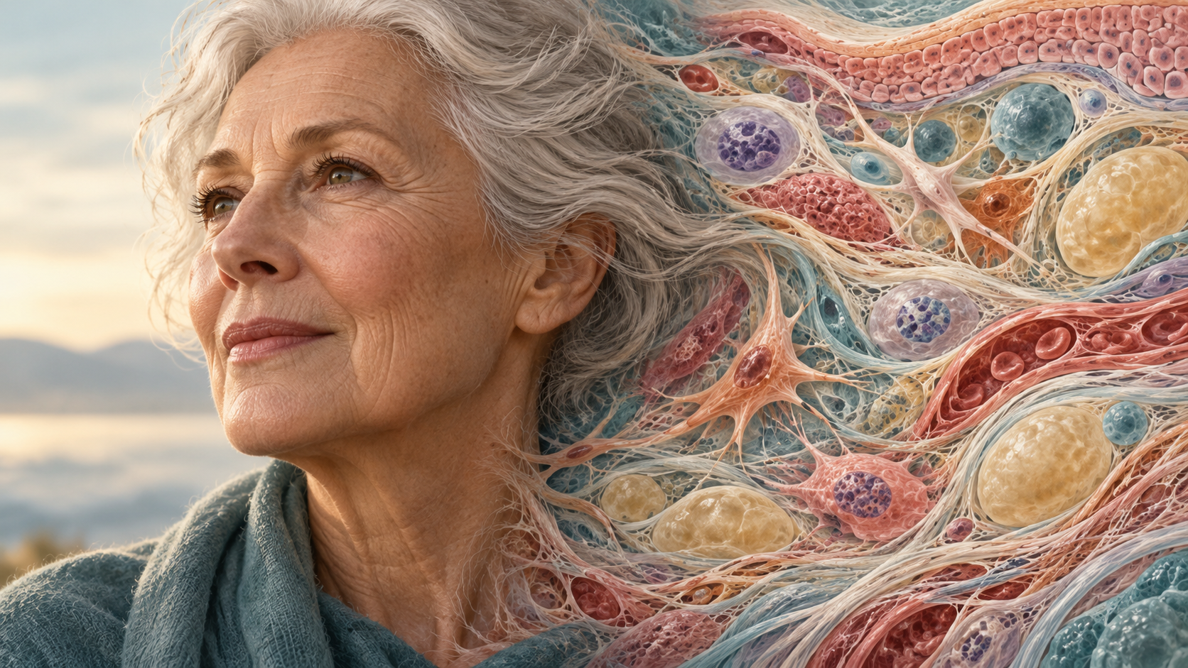 Conceptual illustration combining an older woman's portrait with cells and supporting tissue fibers.